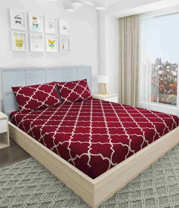 Happy Homes 300 TC Premium Red King Elastic Fitted Glace Cotton Floral